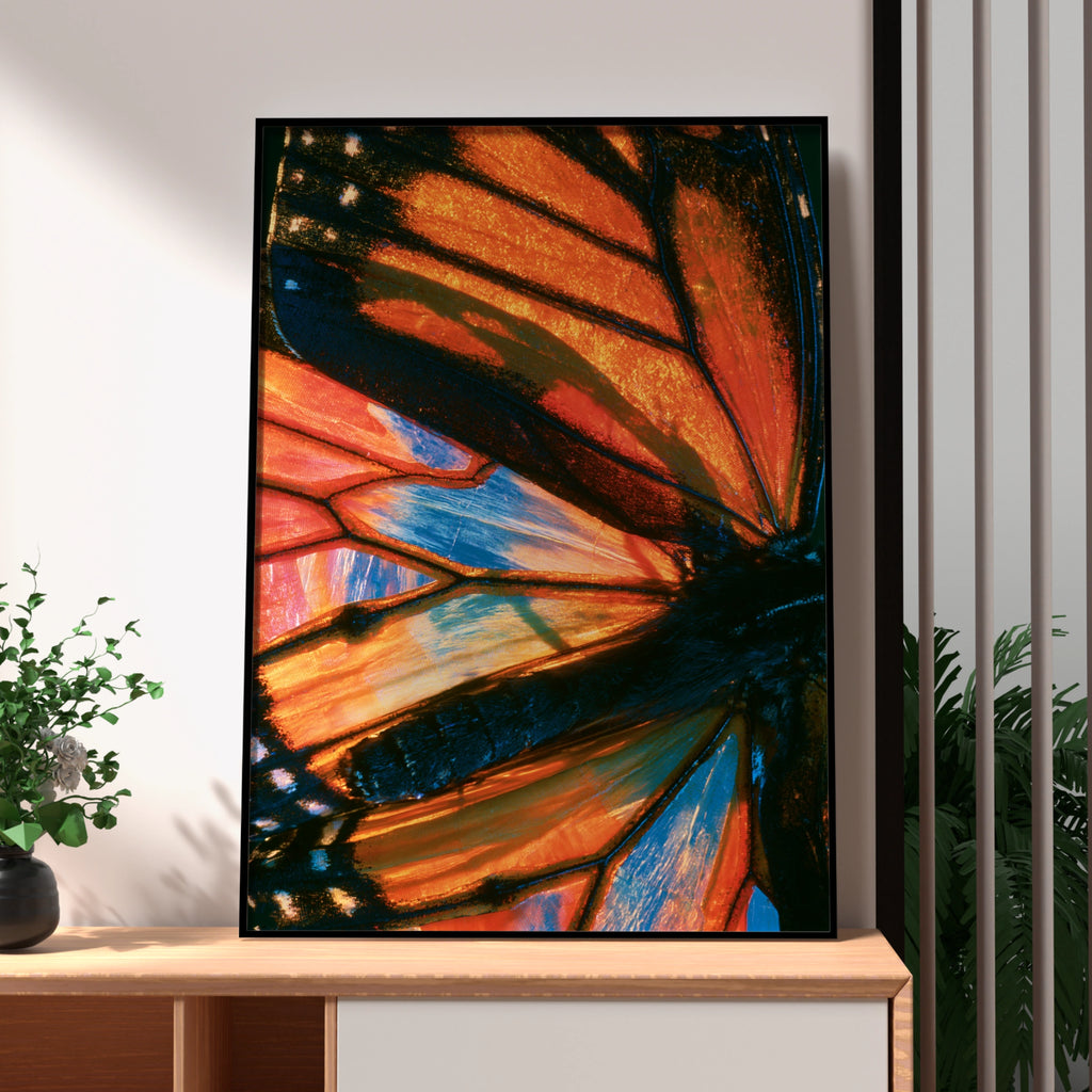 Butterfly Wing Close Up Poster, Macro Nature Photography Print, Orange Blue