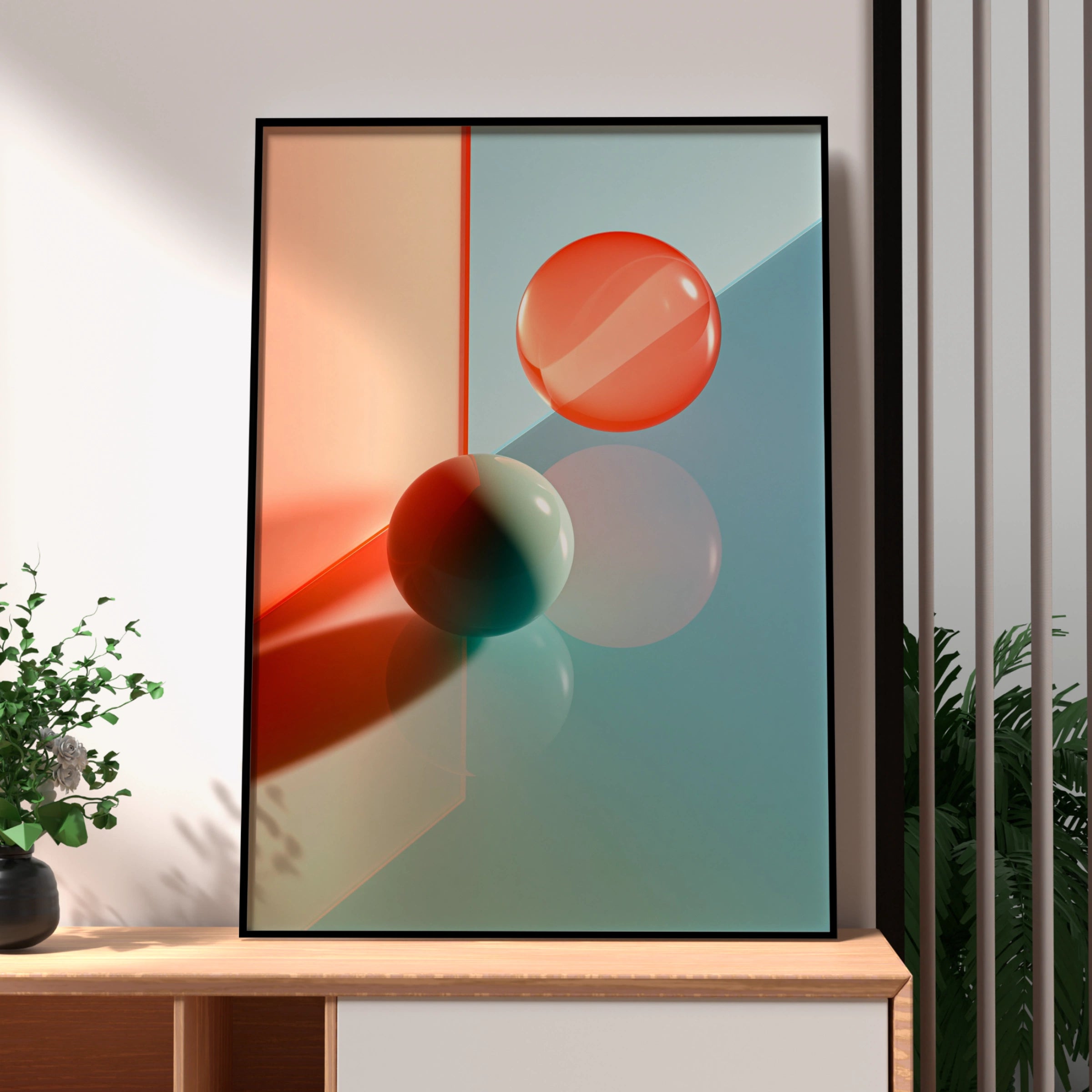 Abstract 3D Shapes Poster, Coral Teal Geometric Spheres, Modern Wall Art Print