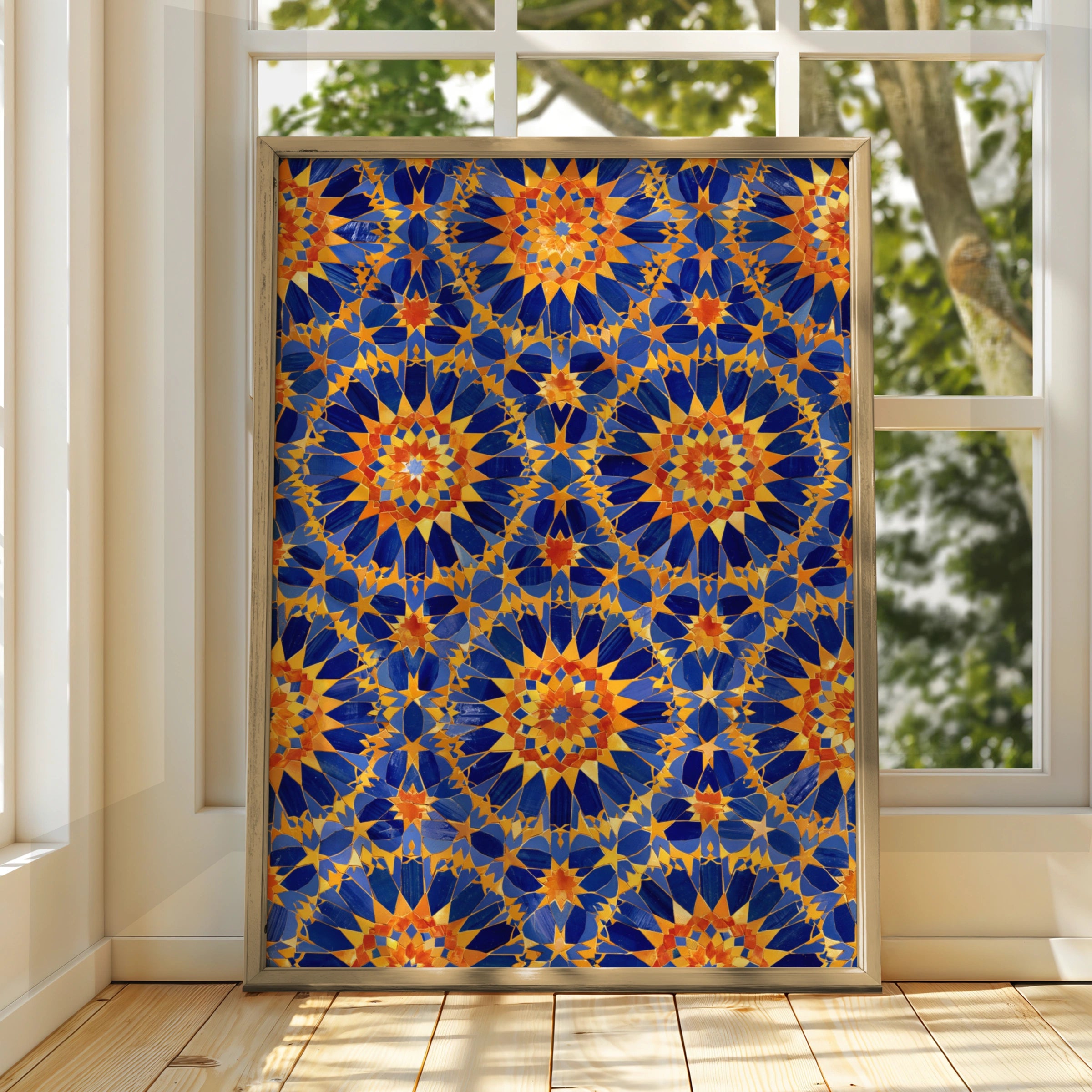 Moroccan Tile Pattern Poster, Blue Orange Geometric Wall Art Print