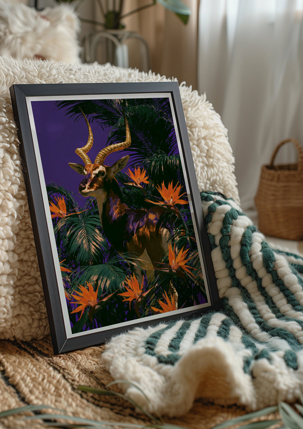 Antelope Tropical Flowers Poster, Bold Purple Wildlife Wall Art Print