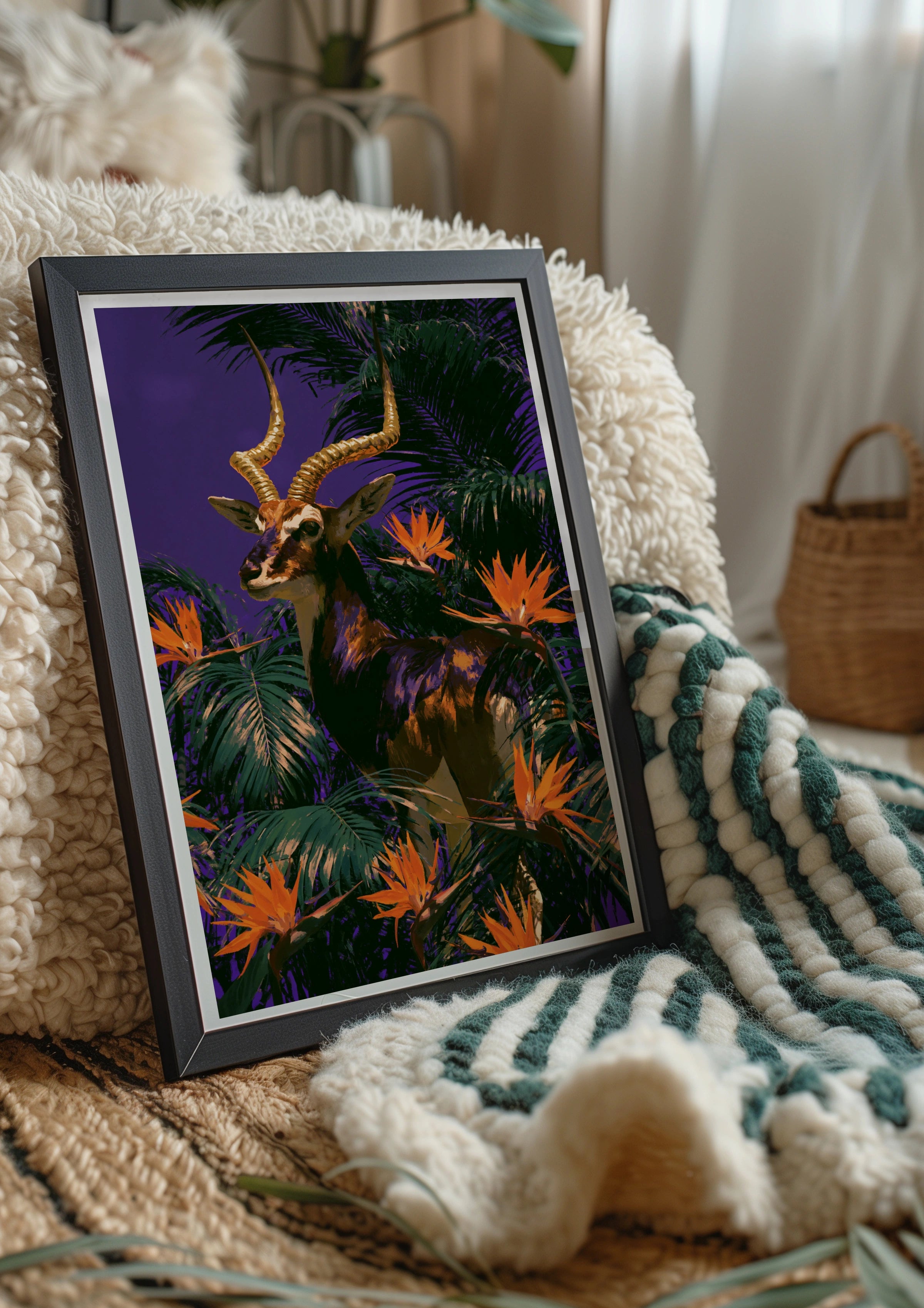 Antelope Tropical Flowers Poster, Bold Purple Wildlife Wall Art Print