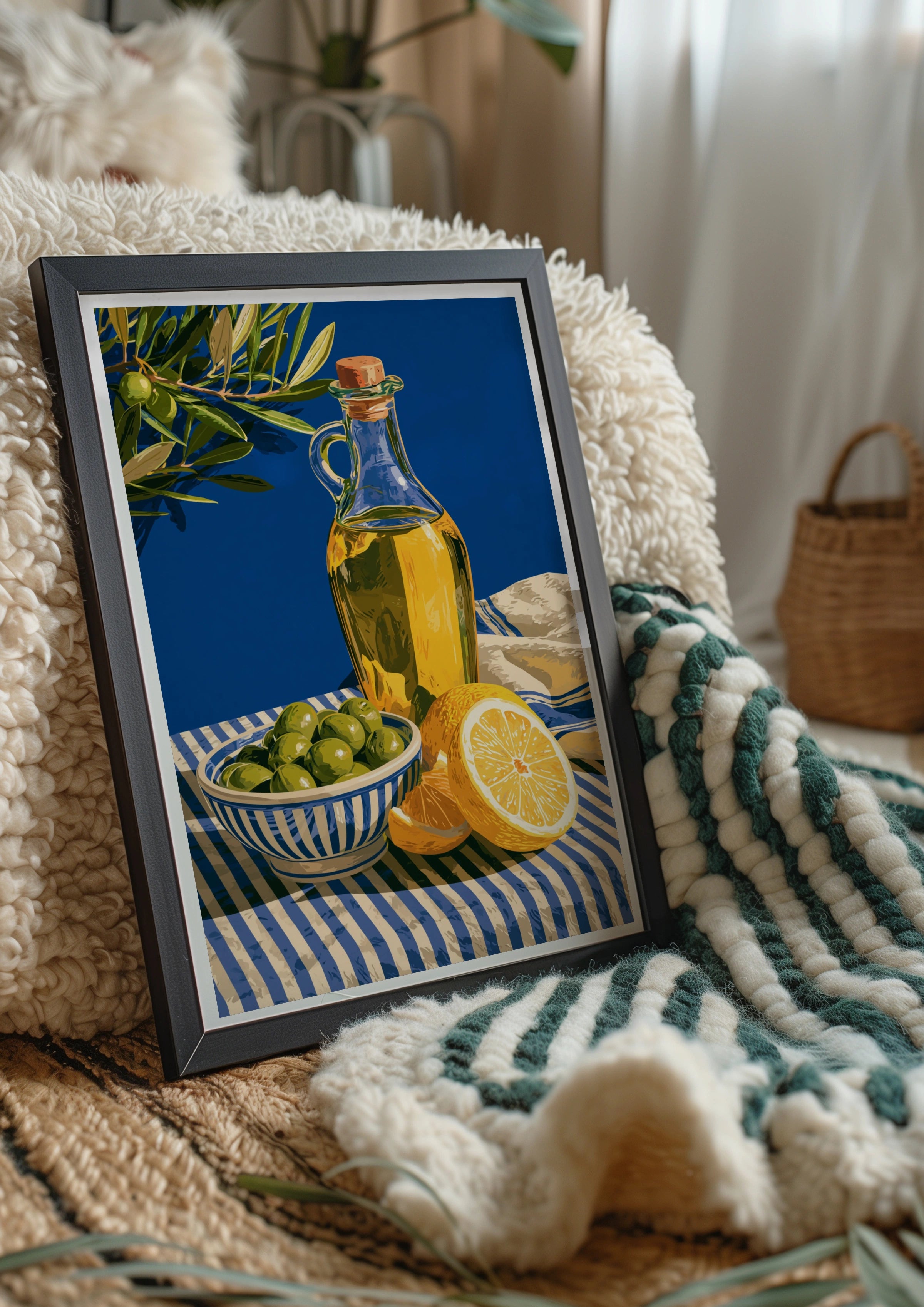 Olive Oil Lemon Still Life Poster, Mediterranean Kitchen Wall Art, Blue