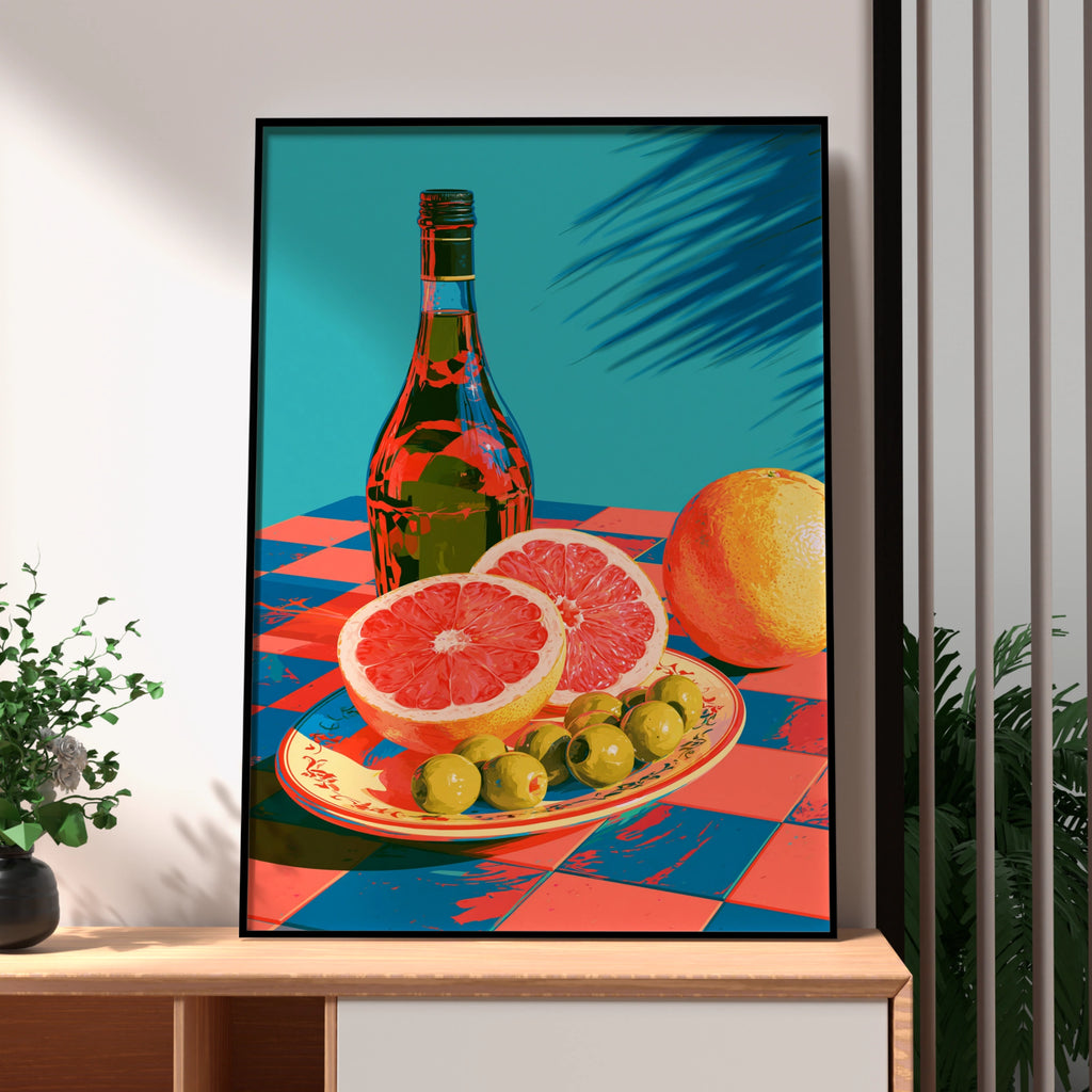 Orange Olive Oil Lemon Still Life Poster, Bold Retro Kitchen Wall Art Print