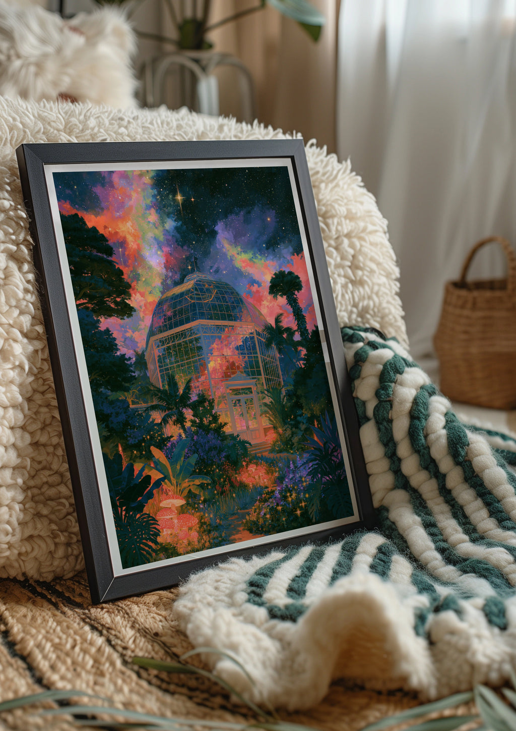 Surreal Glass Observatory Poster, Cosmic Night Sky, Botanical Art Print
