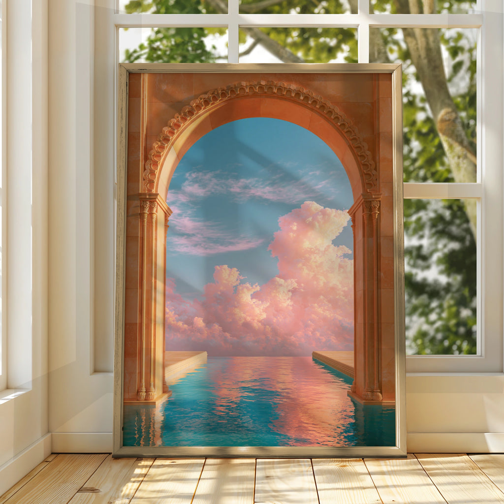 Arch Pool Dreamy Sky Poster, Surreal Architecture Print, Pastel Cloud Wall Art
