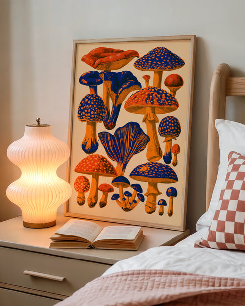Mushroom Poster, Orange Blue Botanical Wall Art, Retro Fungi Print