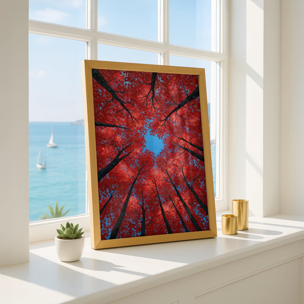 Red Autumn Trees Looking Up, Forest Canopy Wall Art Poster, Bold Nature Print