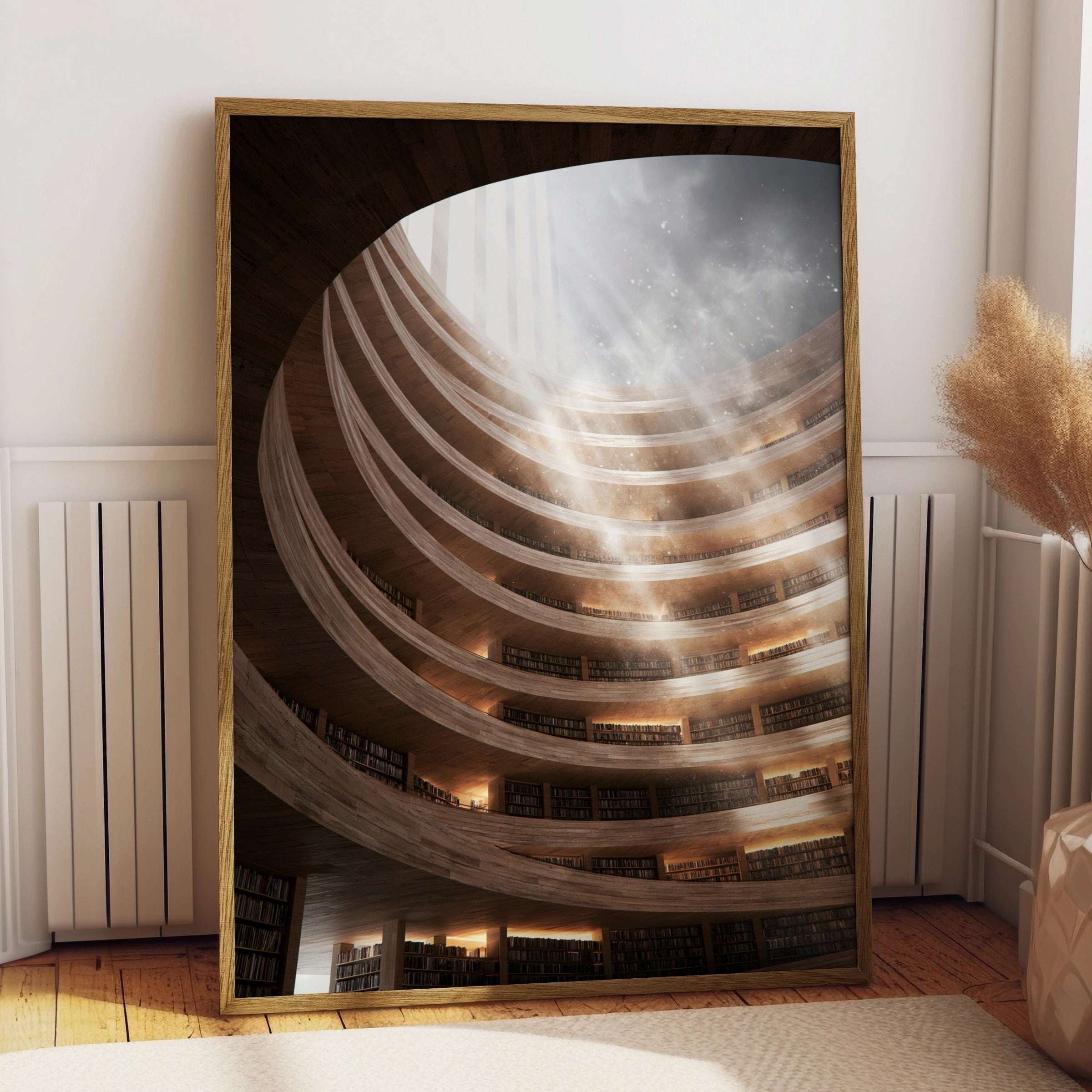 Grand Library Sunray Interior Poster, Circular Bookshelf Architecture Print