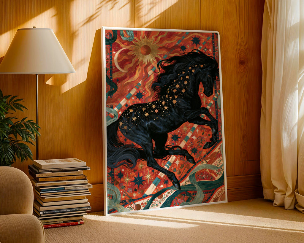 Celestial Black Horse Poster, Mystical Sun Moon Wall Art, Maximalist Print