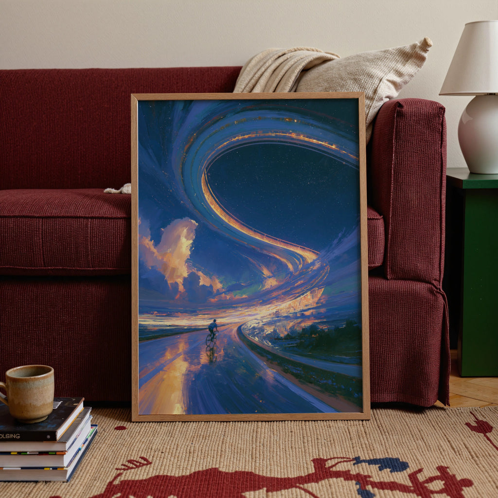 Cyclist Bicycle Path Sky Portal Poster, Surreal Fantasy Art Print, Blue Gold