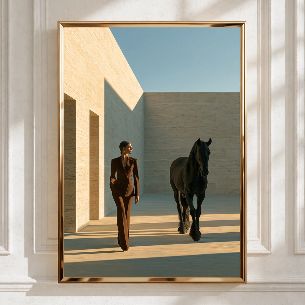 Woman Black Stallion Minimalist Poster, Elegant Horse Art Print, Modern Wall Art