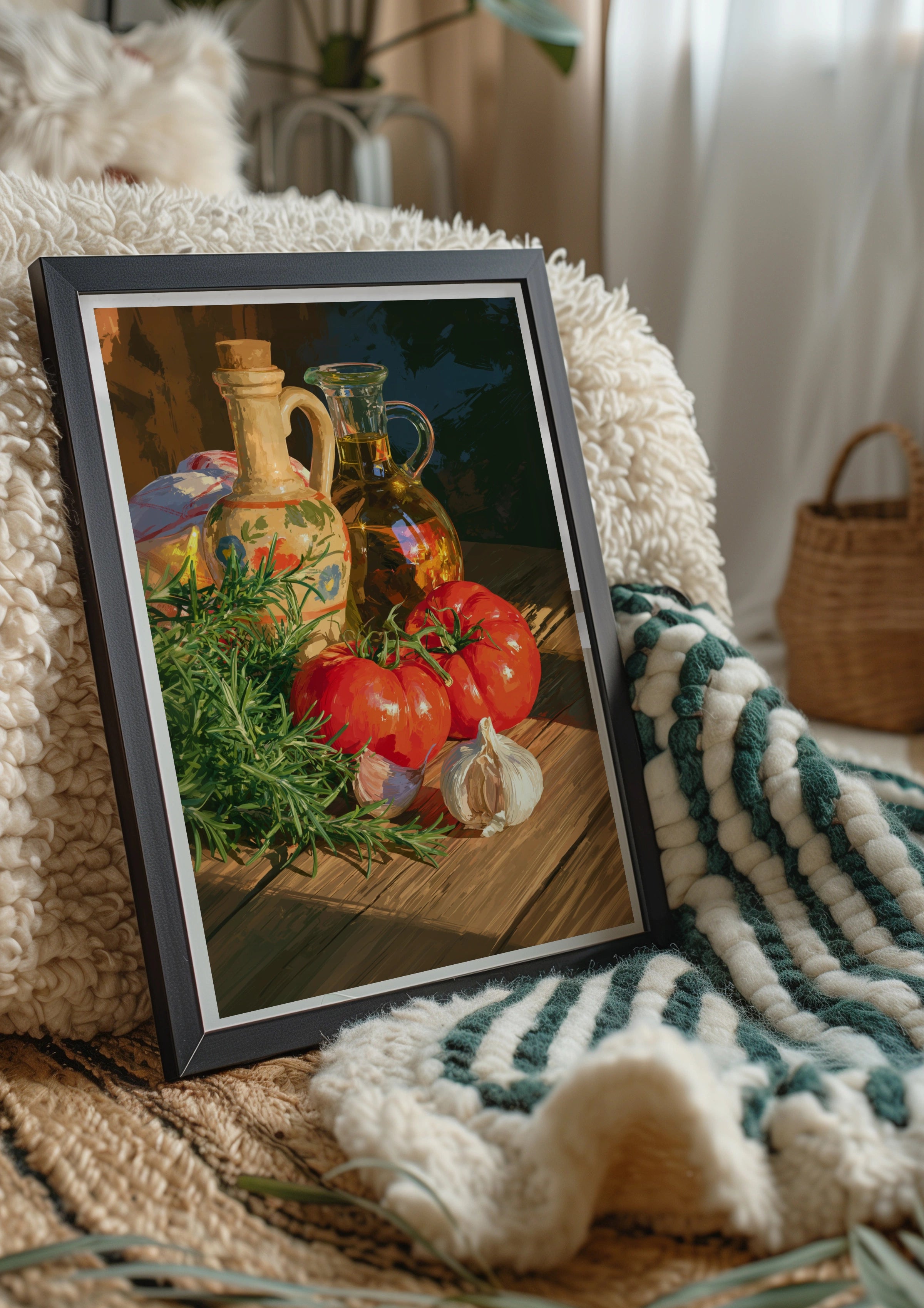 Tomatoes Garlic Olive Oil Rosemary Still Life Poster, Mediterranean Kitchen Art