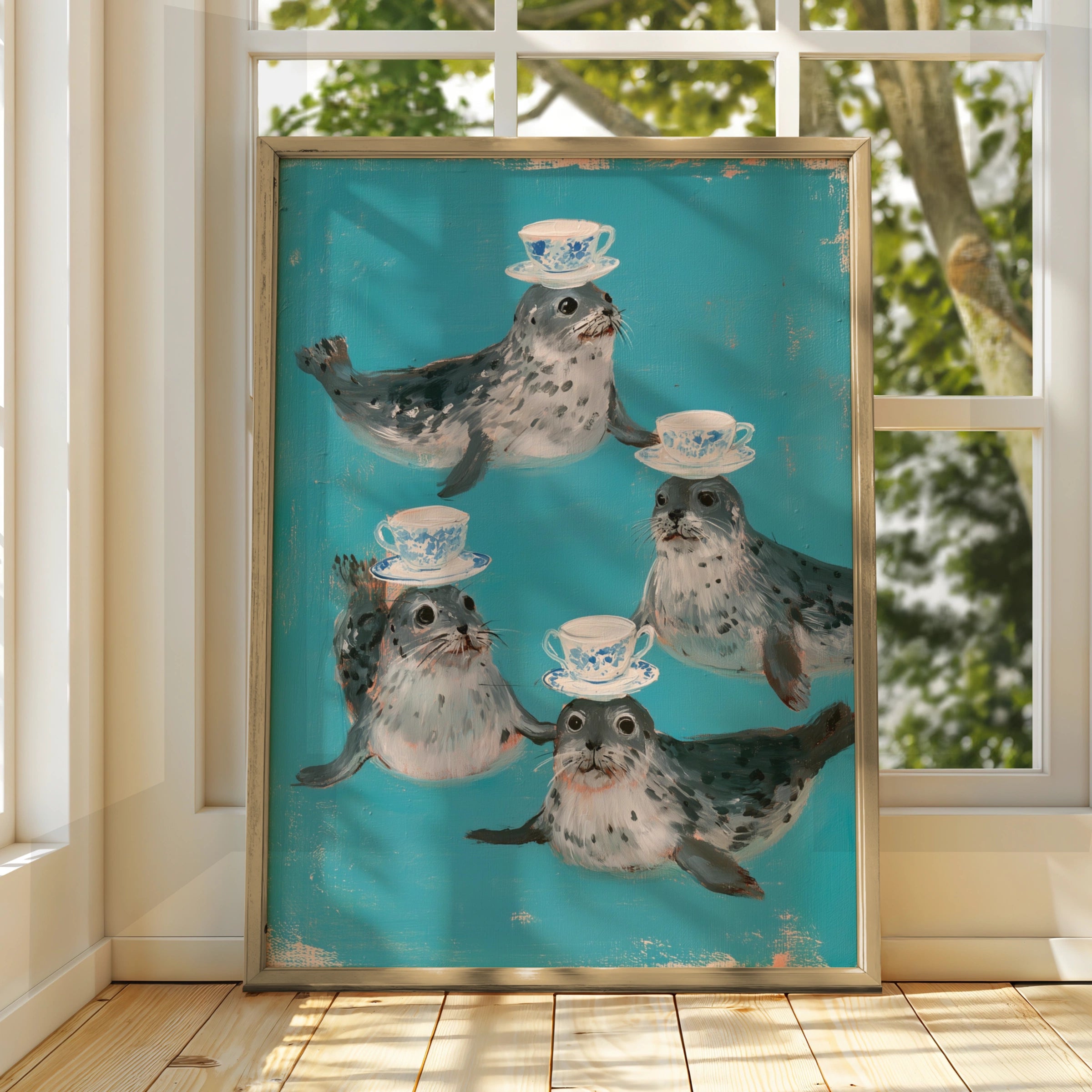 Seals Balancing Teacups Poster, Whimsical Animal Wall Art, Teal Illustrated Print