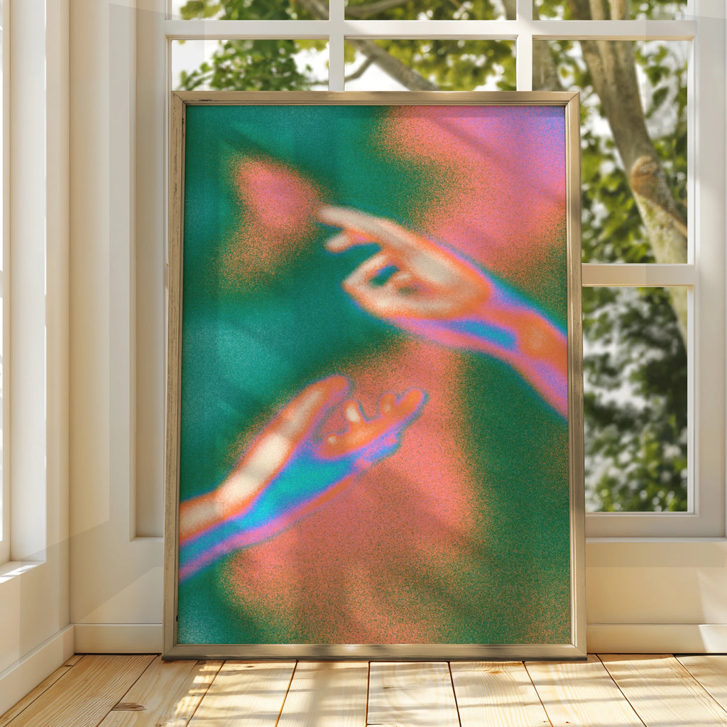 Psychedelic Hands Reaching Poster, Retro Love Art Print, Groovy Neon Wall Art