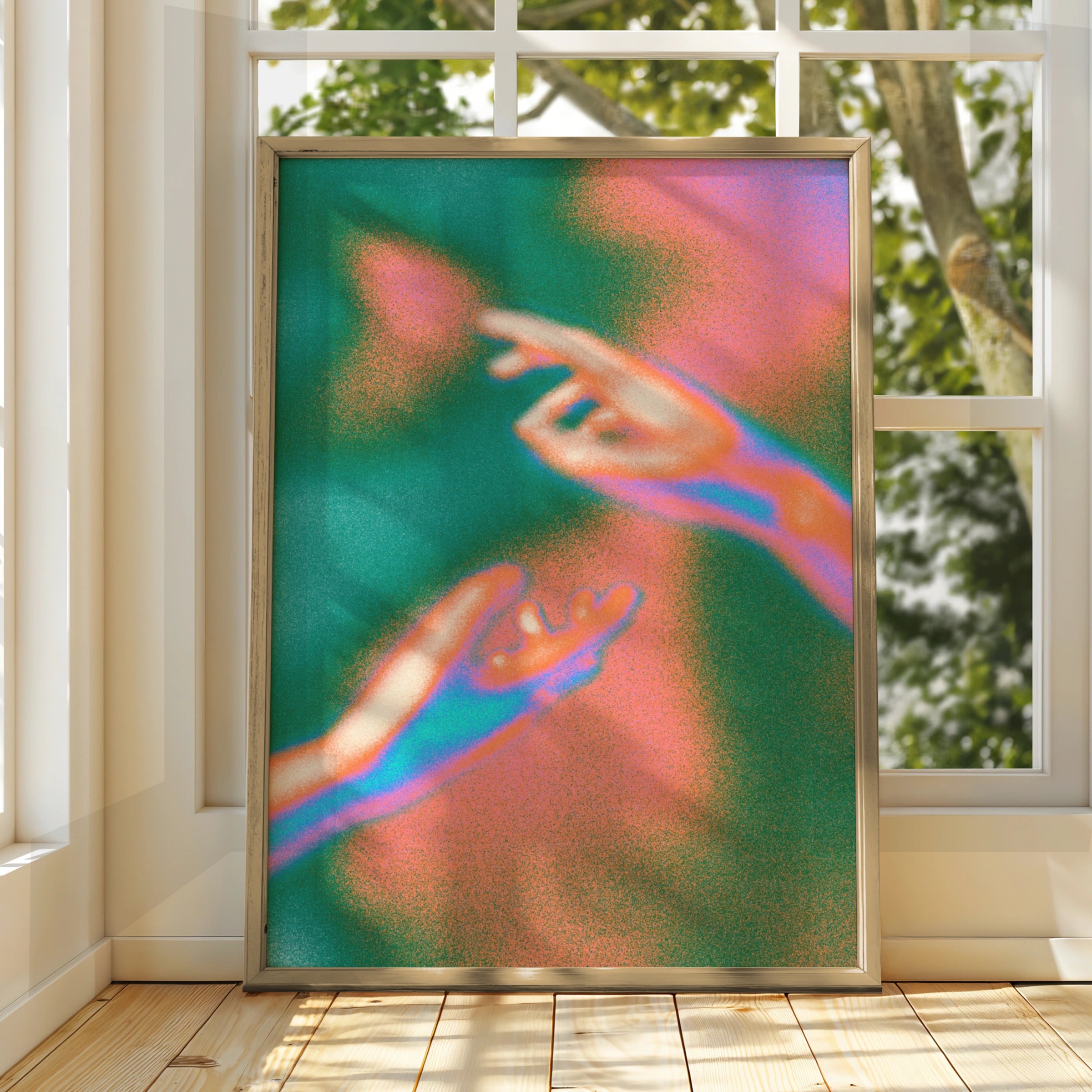 Psychedelic Hands Reaching Poster, Retro Love Art Print, Groovy Neon Wall Art