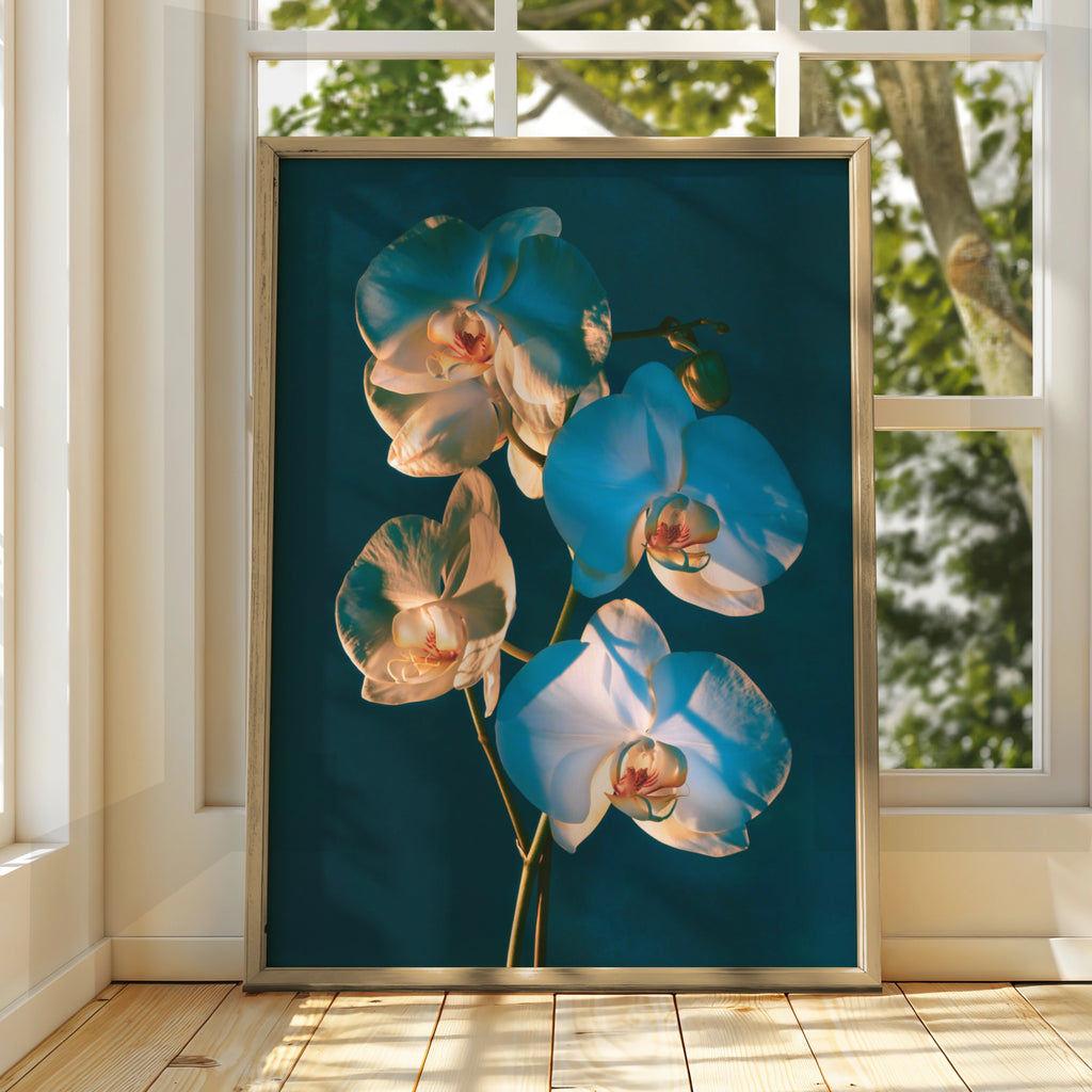 Orchid Shadow Play Botanical Poster, Teal Floral Wall Art, Moody Photo Print
