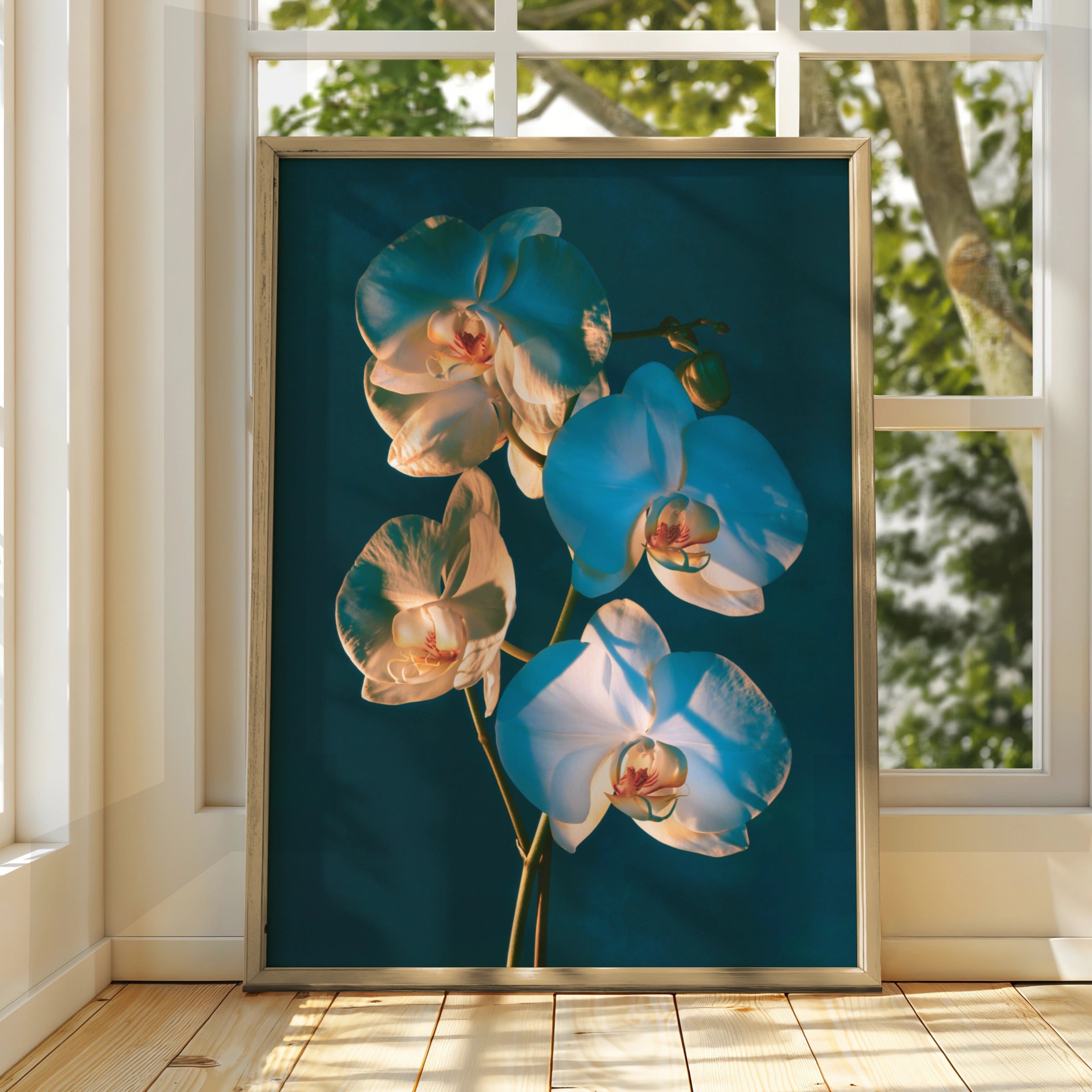 Orchid Shadow Play Botanical Poster, Teal Floral Wall Art, Moody Photo Print