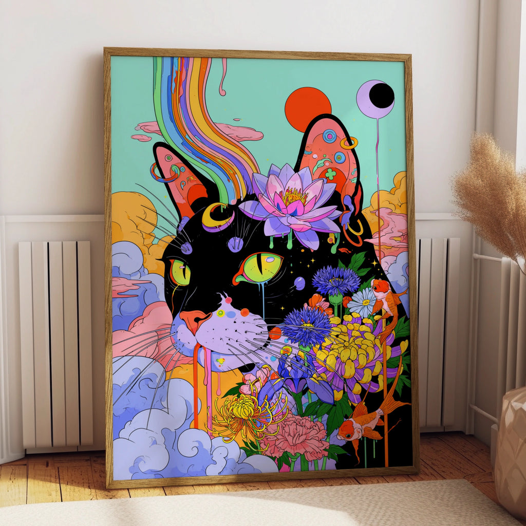 Psychedelic Cat Poster, Floral Black Cat Wall Art, Colourful Trippy Print