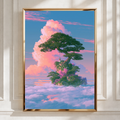 Floating Island Lighthouse Tree Sky Poster, Fantasy Japanese Art Print