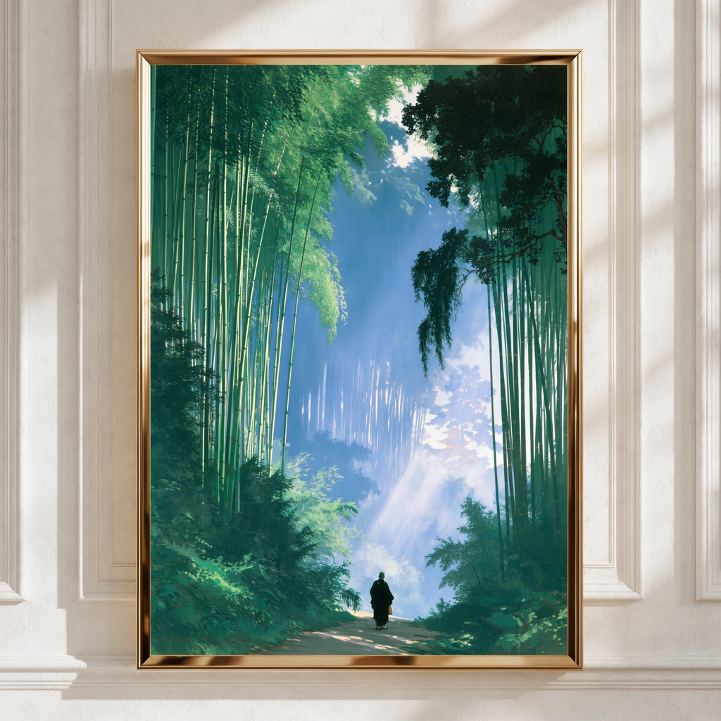 Bamboo Forest Monk Poster, Japanese Path Wall Art, Zen Minimalist Print