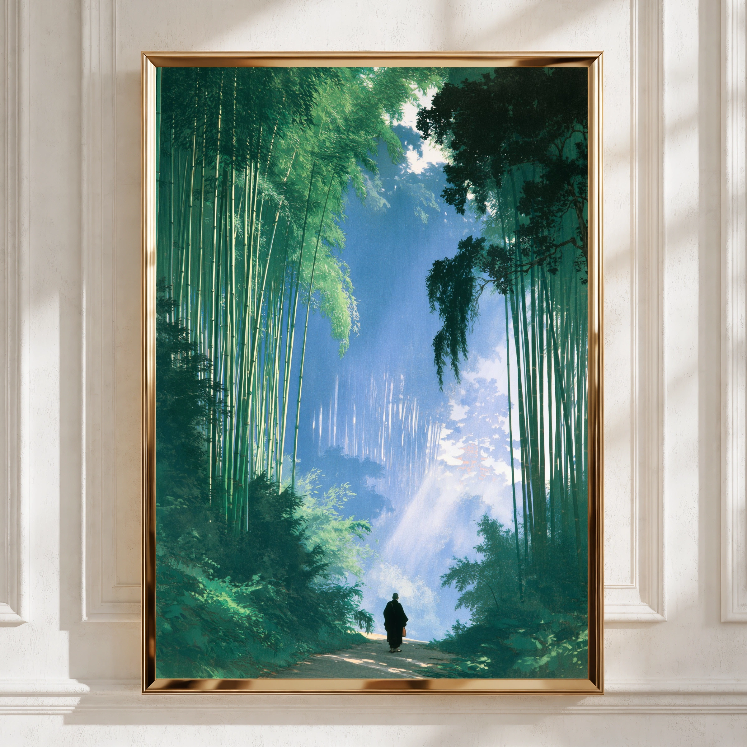 Bamboo Forest Monk Poster, Japanese Path Wall Art, Zen Minimalist Print