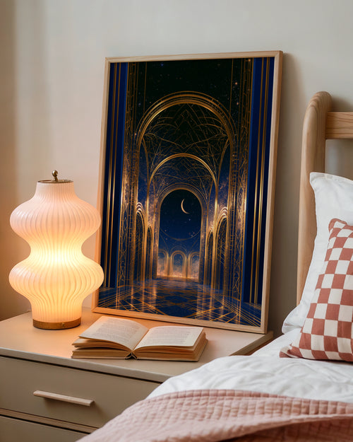 Temple Archway Night Sky Poster, Blue Gold Celestial Architecture Print, Art Deco