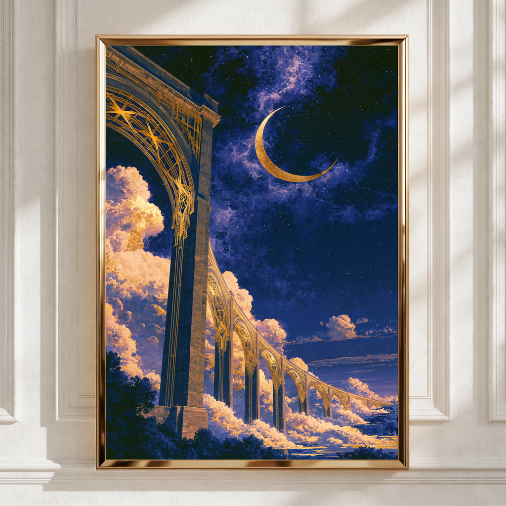 Cosmic Viaduct Night Sky Poster, Art Deco Arch Bridge, Crescent Moon Print