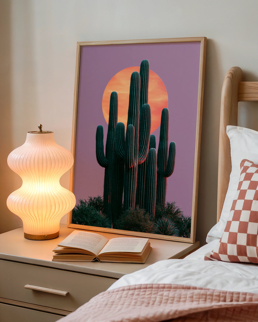 Cactus Moon Pink Sky Wall Art Poster, Desert Saguaro Print, Botanical