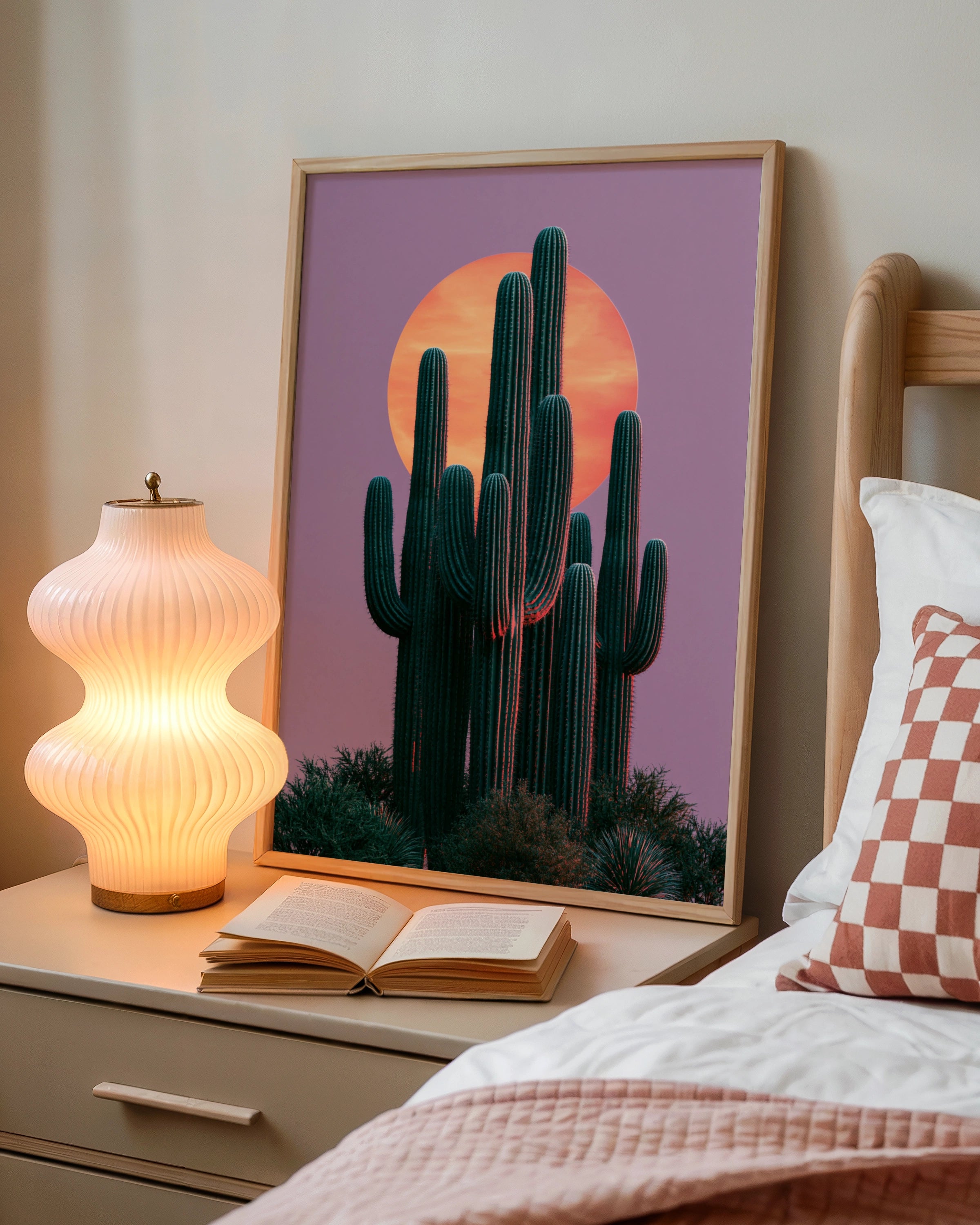 Cactus Moon Pink Sky Wall Art Poster, Desert Saguaro Print, Botanical