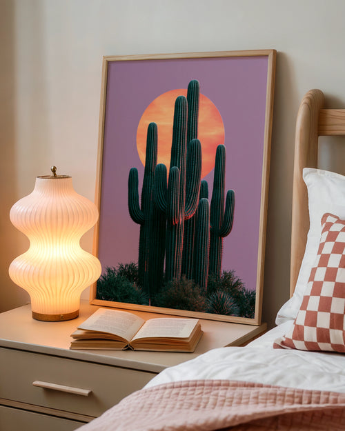 Cactus Moon Pink Sky Wall Art Poster, Desert Saguaro Print, Botanical