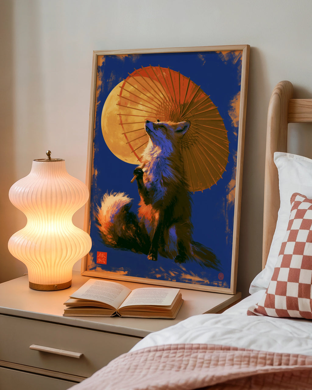 Japanese Fox Umbrella Moon Poster, Kitsune Art Print, Bold Blue Orange