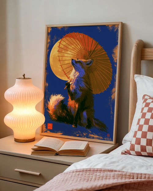 Japanese Fox Umbrella Moon Poster, Kitsune Art Print, Bold Blue Orange
