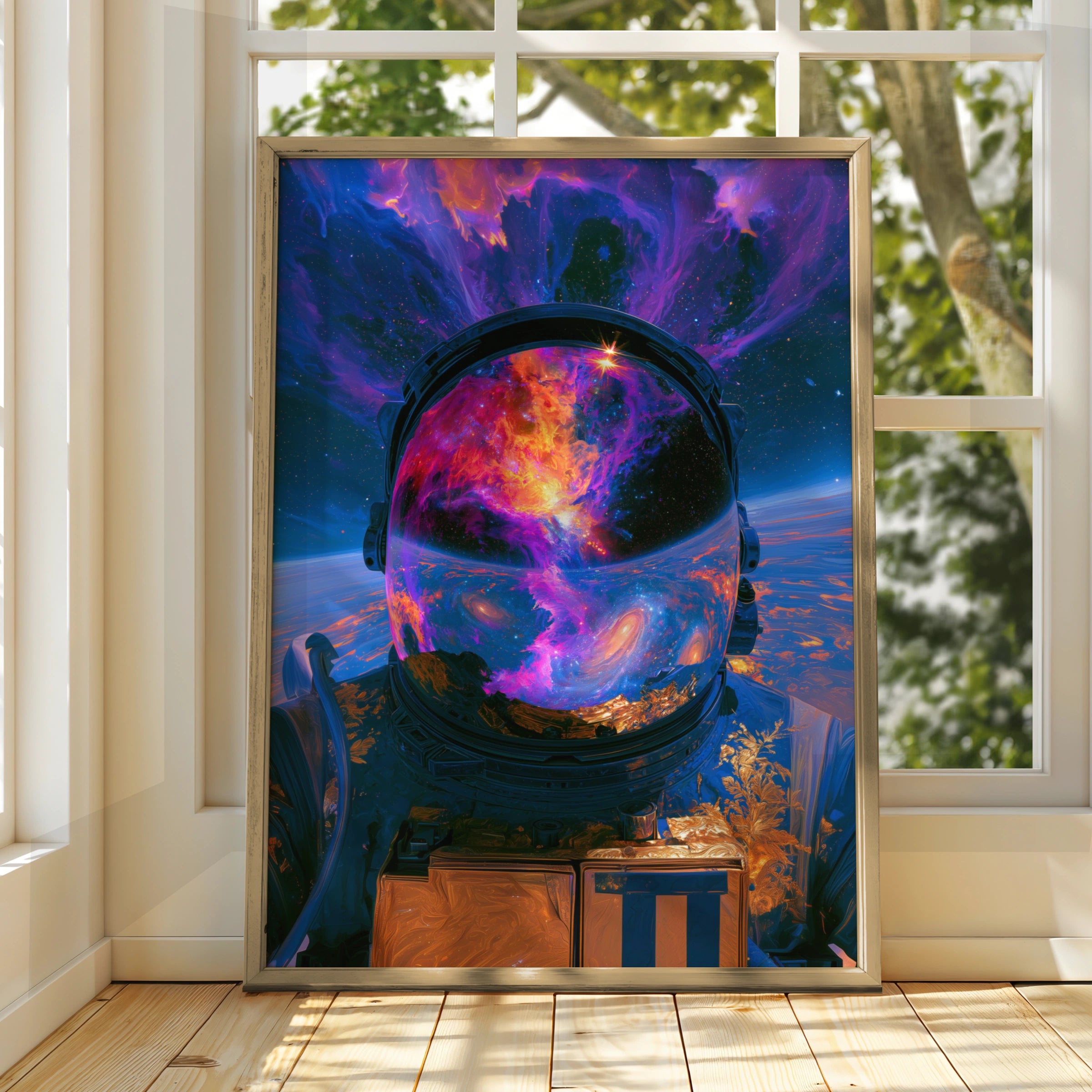 Astronaut Nebula Helmet Poster, Abstract Space Galaxy Wall Art Print