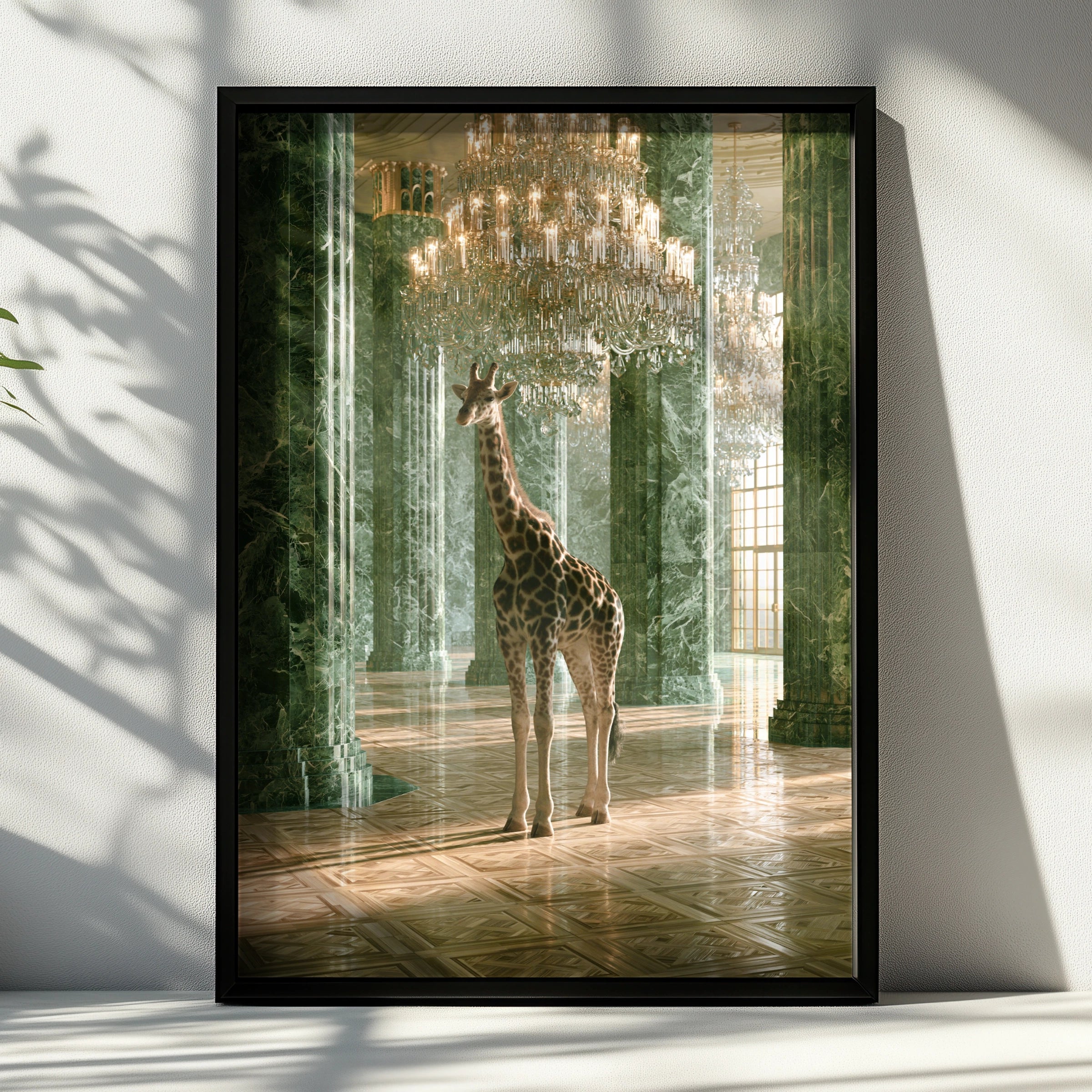 Giraffe in Grand Marble Hall, Crystal Chandelier Poster, Surreal Animal Art