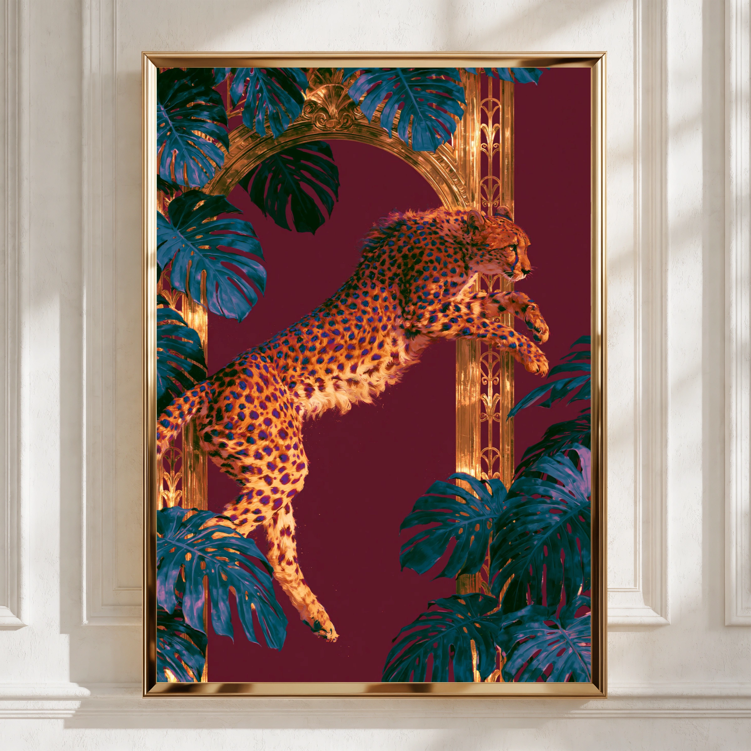 Leaping Cheetah Poster, Art Deco Jungle Wall Art, Bold Maximalist Print
