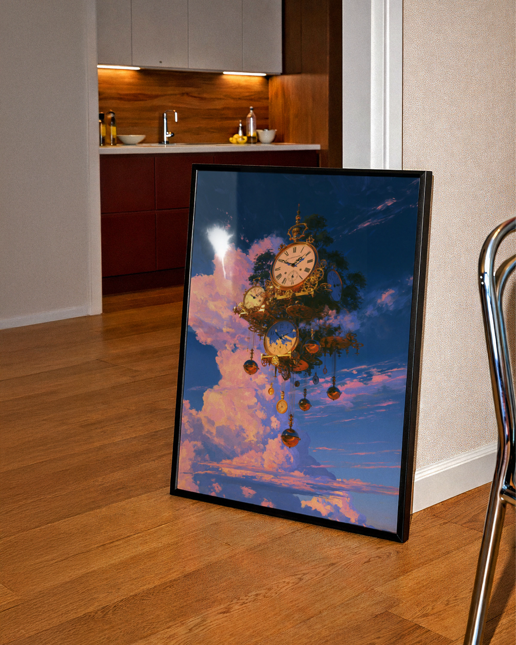 Floating Clock Sky Fantasy Poster, Steampunk Surreal Art Print, Gold Blue