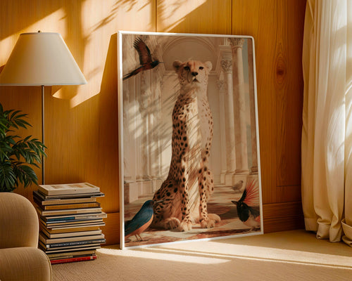 Cheetah & Birds in Marble Hall, Animal Wall Art Poster, Surreal