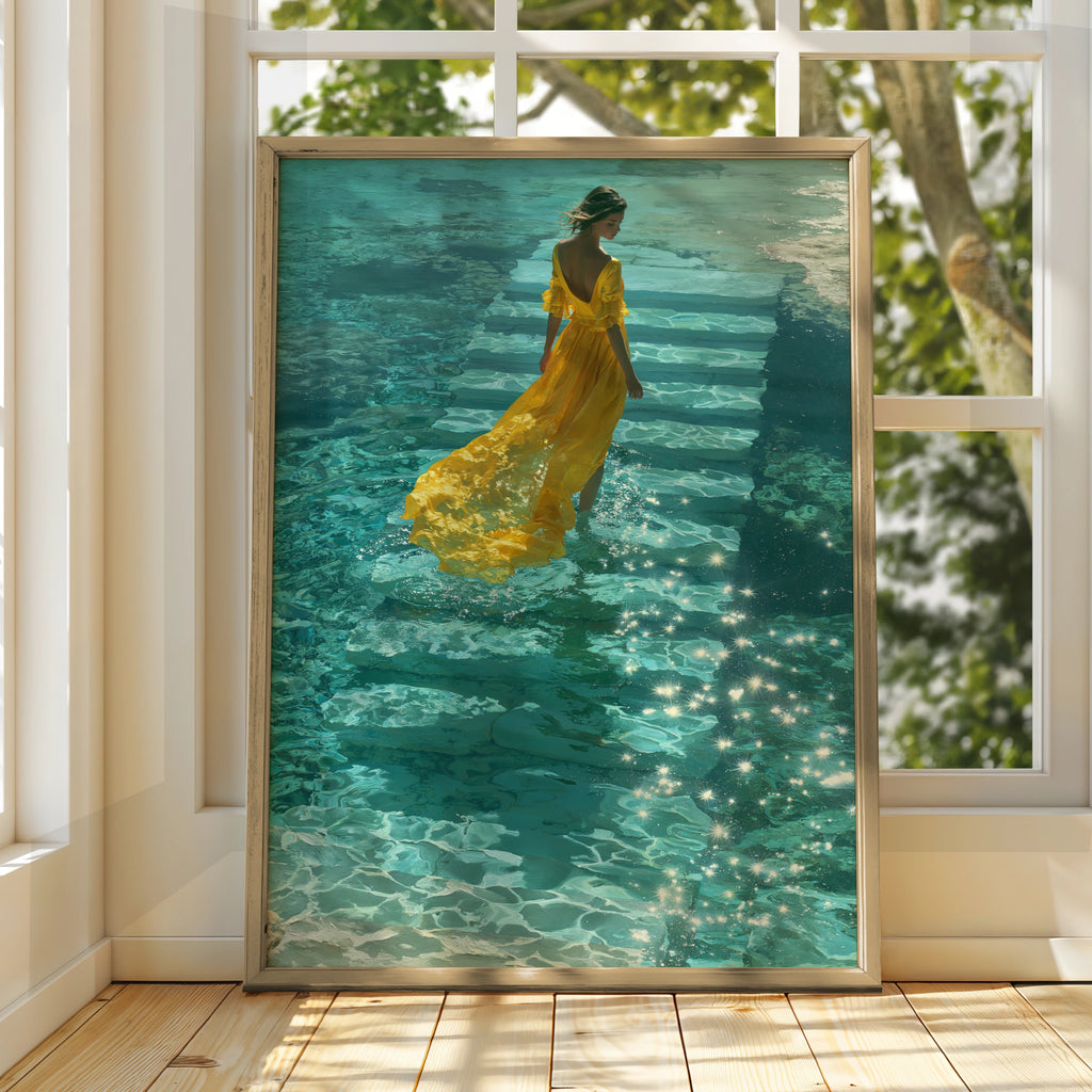 Woman Yellow Dress Water Steps Poster, Teal Ocean Wall Art, Figurative Print
