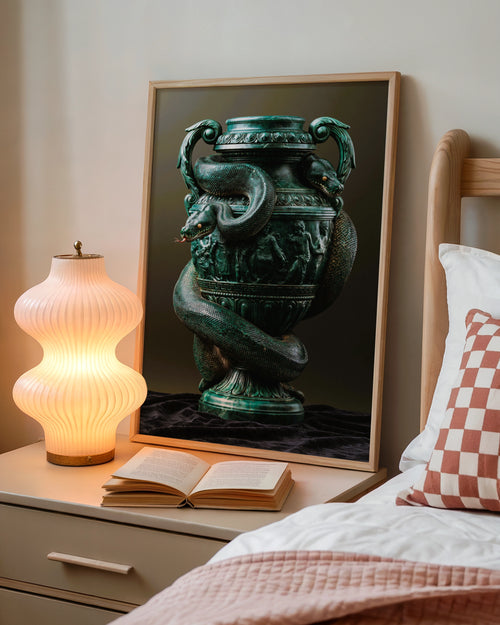 Snake Vase Green Marble Poster, Classical Urn Art Print, Dark Maximalist