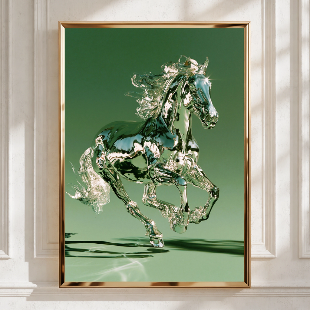Chrome Horse Poster, Green Metallic Running Horse, Modern 3D Wall Art