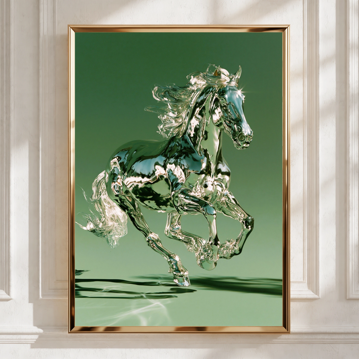 Chrome Horse Poster, Green Metallic Running Horse, Modern 3D Wall Art