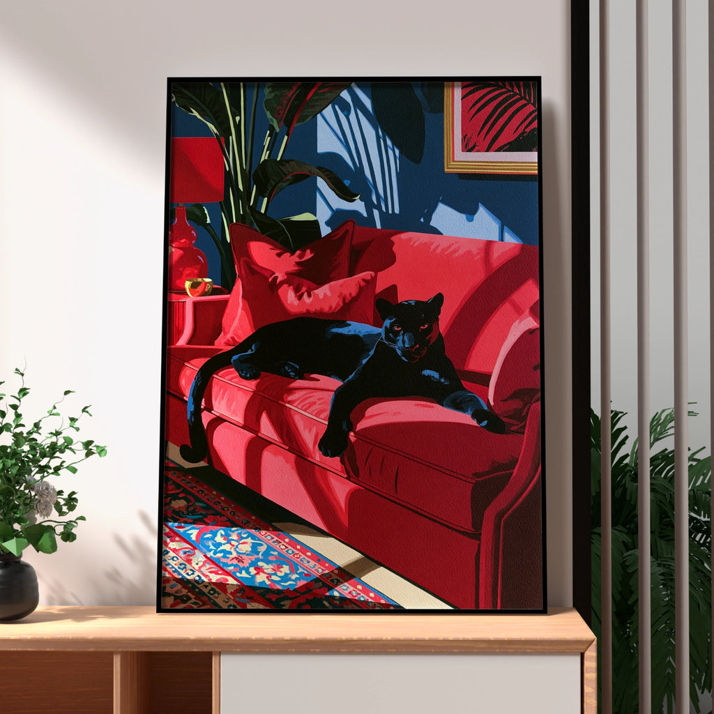 Black Panther Red Sofa Poster, Bold Animal Art Print, Maximalist Interior