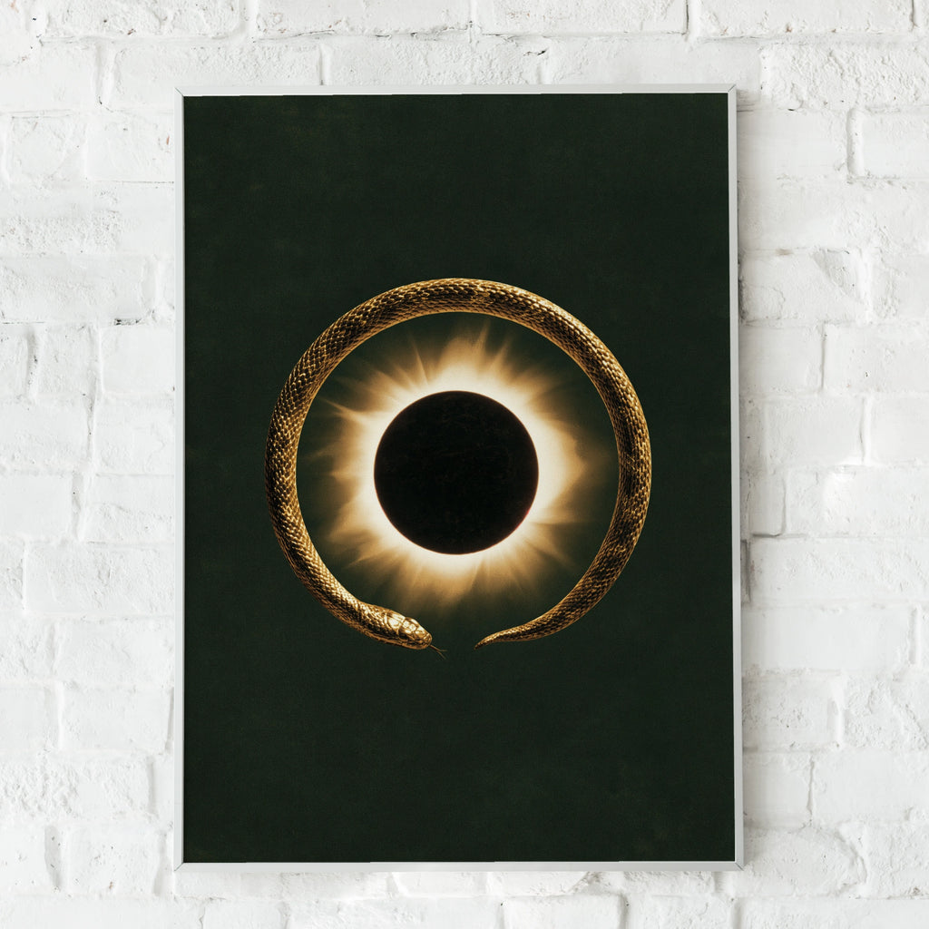 Ouroboros Snake Eclipse Poster, Gold Serpent Wall Art, Dark Mystical Print