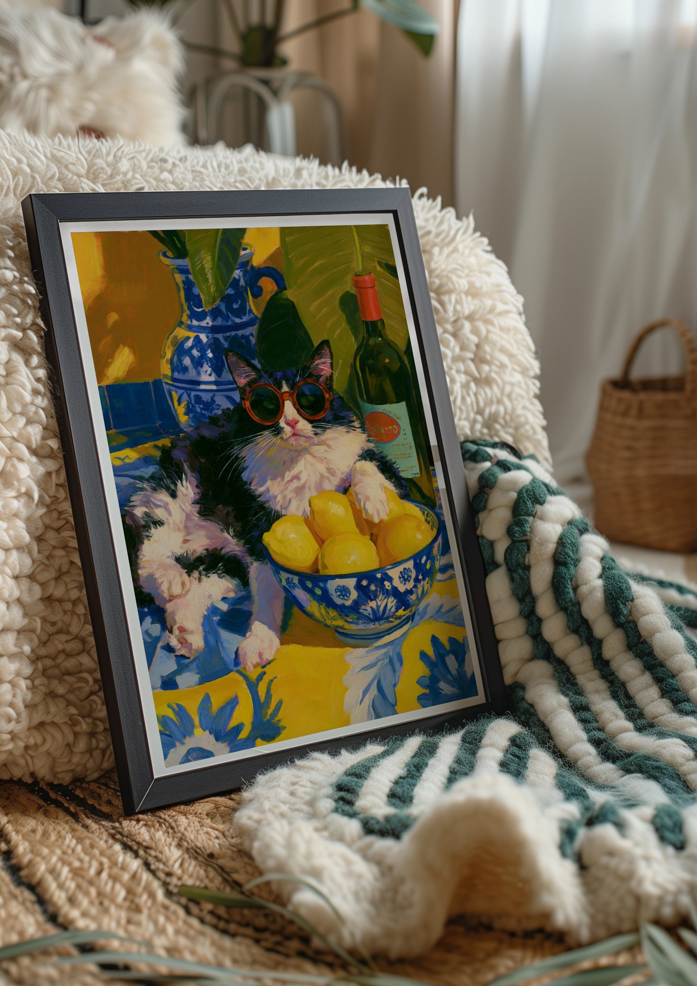 Cat with Sunglasses Lemon Bowl Poster, Mediterranean Still Life Wall Art Print