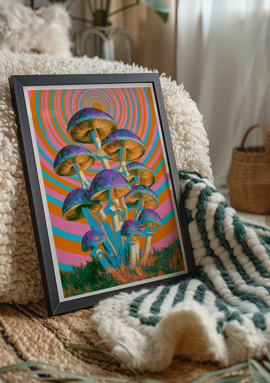 Psychedelic Mushroom Poster, Retro Trippy Wall Art, Orange Pink Groovy Print