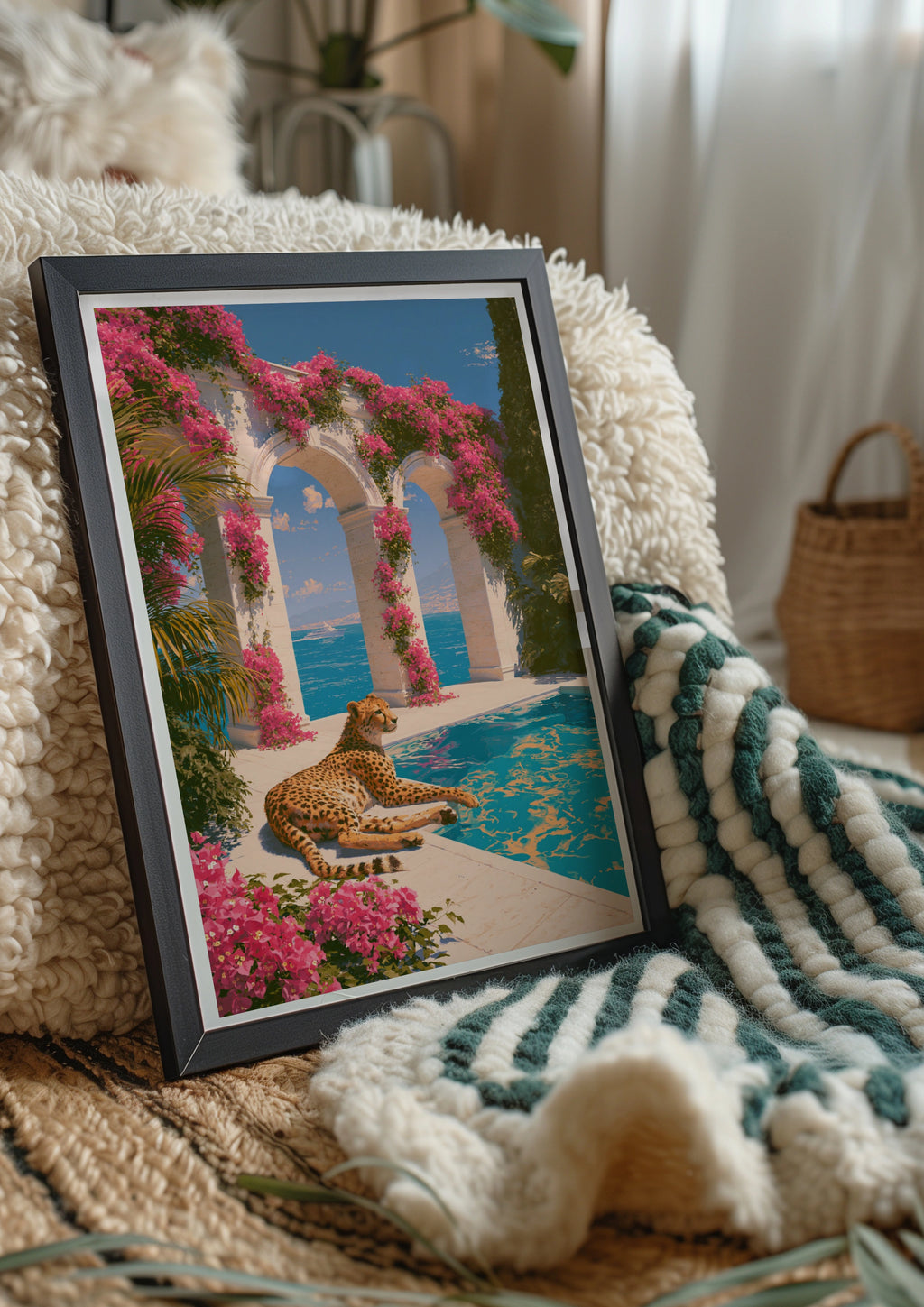 Cheetah Poolside Bougainvillea Arches Poster, Mediterranean Wall Art Print