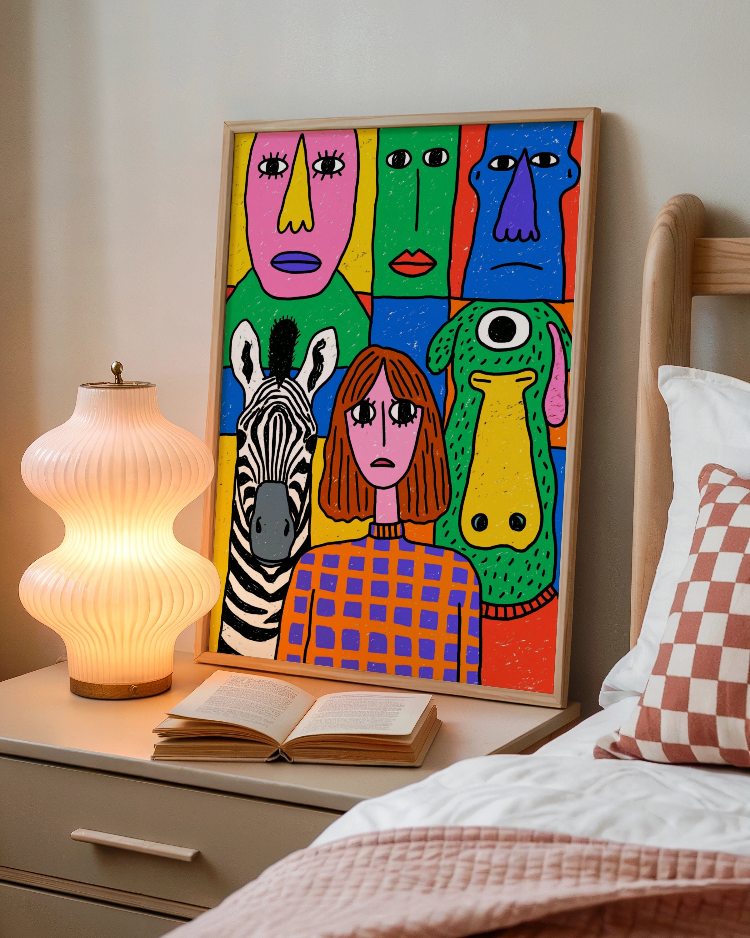 Colourful Abstract Faces Poster, Zebra Girl Monster Wall Art, Bold Drawing