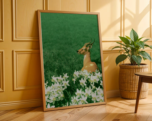 Antelope in Flowers Poster, Wildlife Botanical Wall Art, Green Nature Print