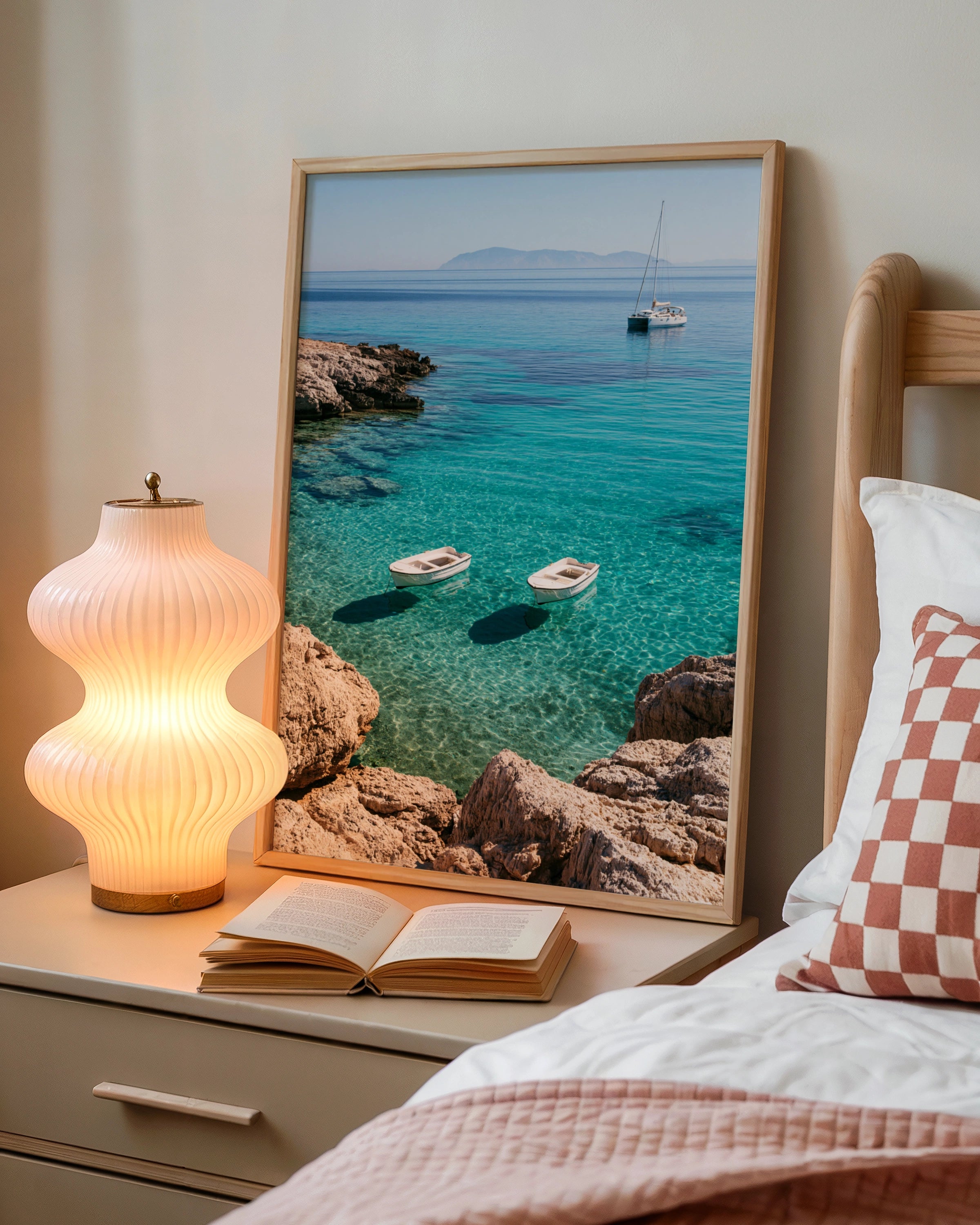 Boats on Crystal Clear Sea, Wall Art Poster, Mediterranean Coastal Print
