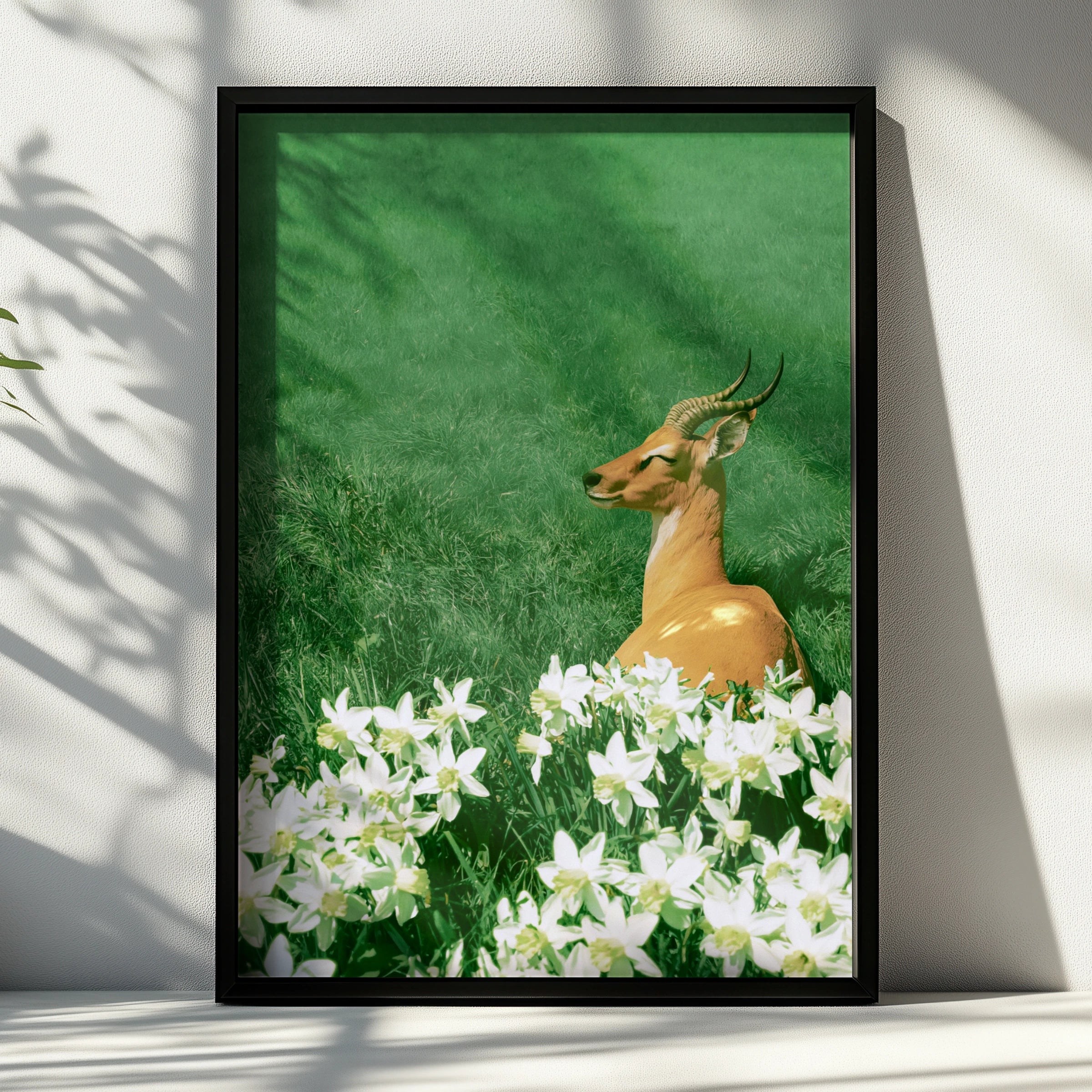 Antelope in Flowers Poster, Wildlife Botanical Wall Art, Green Nature Print
